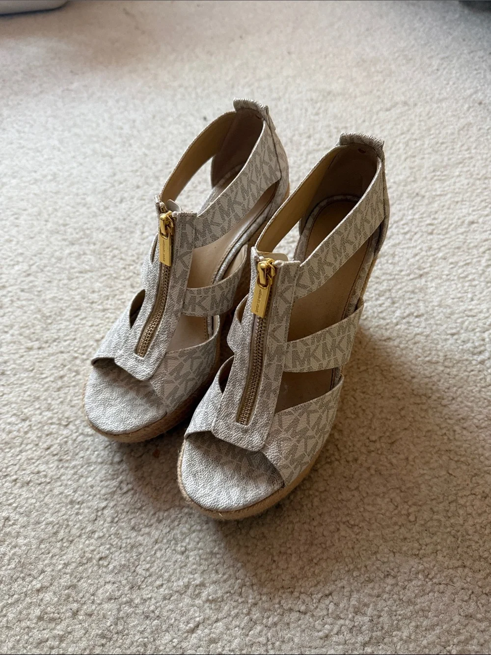 Michael Kors Neutral Logo Espadrille Wedge Sandals with Gold Zip